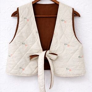 Quilted Cream Floral Tie-Front Vest